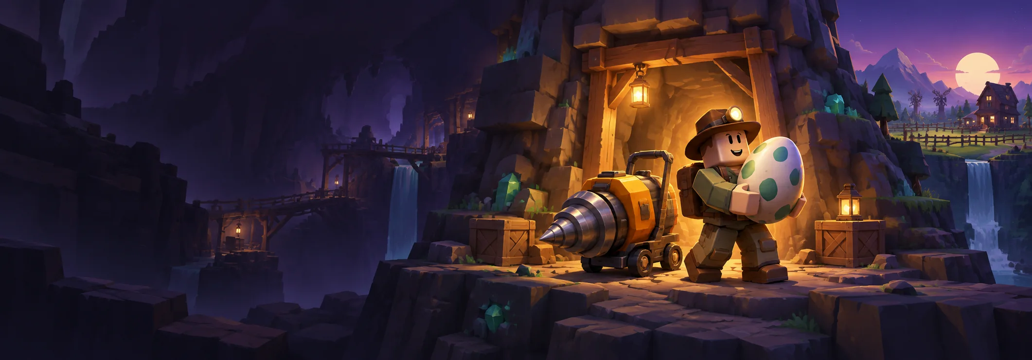 Original illustration of an explorer with an egg and drill beside a mine